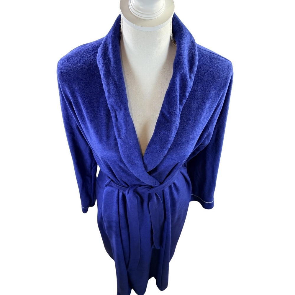 Vintage Carole Blue‎ With White Piping Micro Fleece Long Robe Tie Waist Size M - Picture 4 of 10